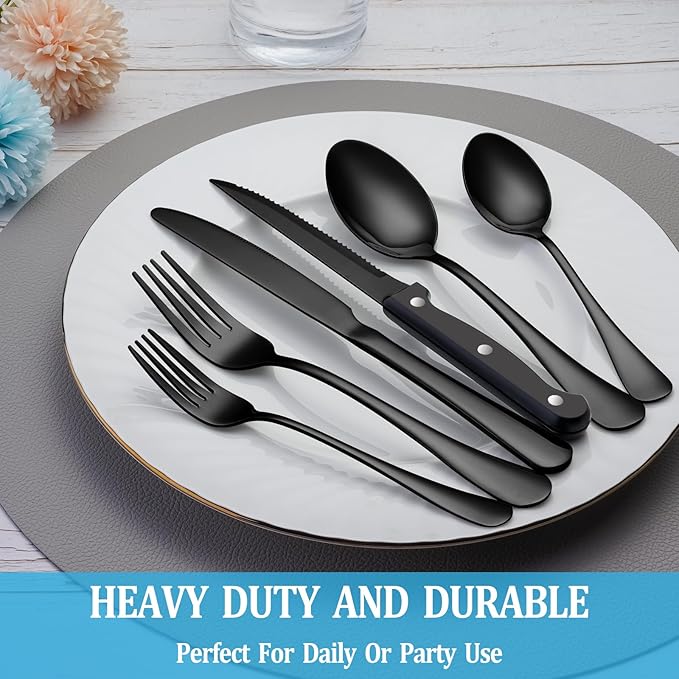 72 Pcs Black Silverware Set with Steak Knives, Stainless Steel Flatware Cutlery Set Service for 12, Kitchen Tableware Set, Utensil Set for Home and Restaurant, Knives Forks Spoon Set, Dishwasher Safe
