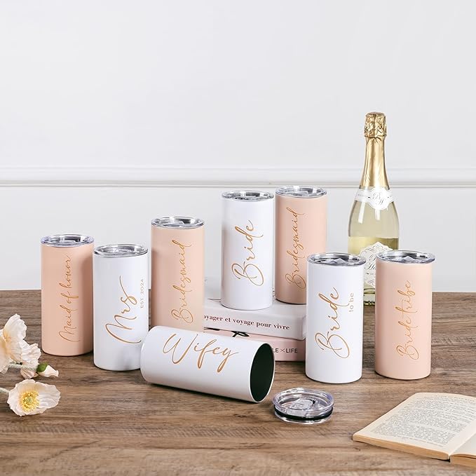 Bridesmaid Gifts Matron of Honor Cups Bridesmaid Proposal Gifts Wedding Bachelorette Party Favors Stainless Steel Insulated Skinny Tumbler with Lid and Straw 15 OZ Pink