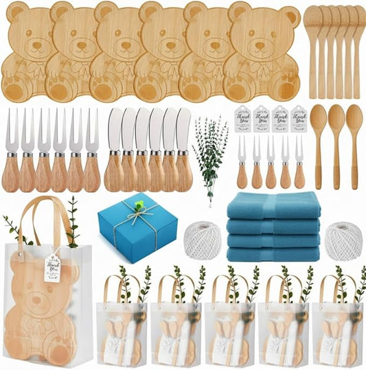 50 Pcs Baby Shower Prizes for Game Winners 6 Sets Bear Shaped Cheese Board Gift with Spoons Forks Knives Eucalyptus Box Raffia Cards Dishcloths Rope for Guests Bridal Party Favor(Blue)