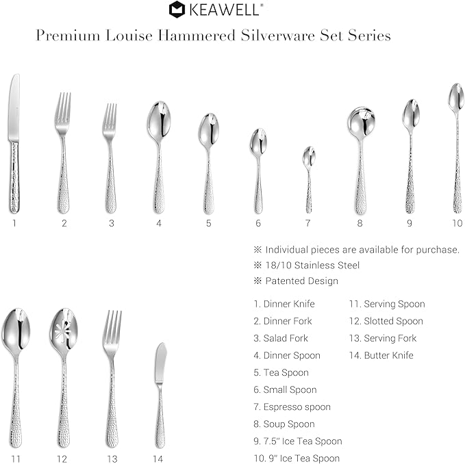 KEAWELL Premium 4-Piece Louise Hammered Spoons Set, 18/10 Stainless Steel, Set of 4, Fine Spoon Set with Round Edge, Dishwasher Safe (7.6" Dinner Spoons)