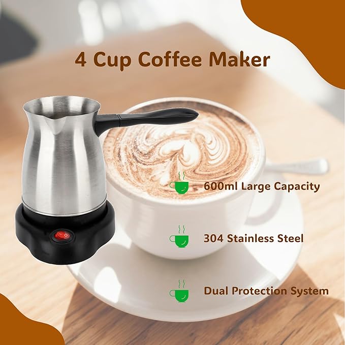 Gugxiom 600ml Electric Turkish Coffee Pot, Stainless Steel Turkish Coffee Maker, Heating Tea Maker Kettle For Home Travel