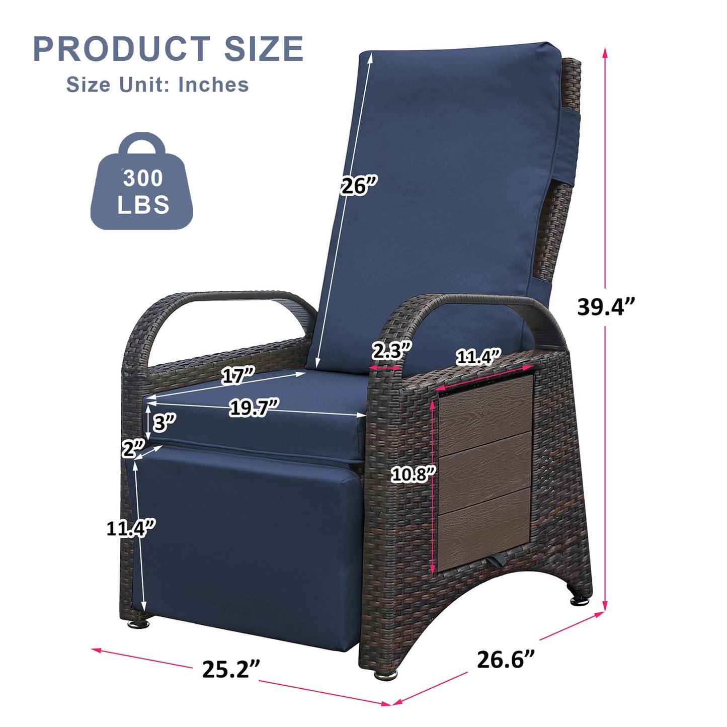 Skypatio Outdoor Wicker Recliner Chair with Side Table, Adjustable Backrest Footrest Patio Recliner Lounge Chair, All-Weather Resin Wicker Reclining Patio Chairs, Navy Blue