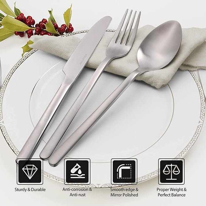 KINGSTONE Silverware Set, 20 Piece Flatware Cutlery Set for 4, 18/10 Stainless Steel Silverware Mirror Polished Dishwasher Safe for Home, Restaurant, Wedding, Party, Matte Silver