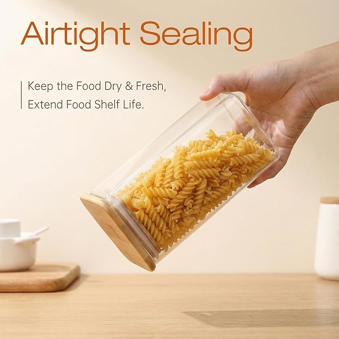 Extra Large Square Glass Flour & Sugar Storage Containers with Airtight Lids, 132 floz & 63 floz - 2 Pack Glass Jars with Bamboo Lids, Air tight Food Storage Containers for Cereal, Pasta, Rice