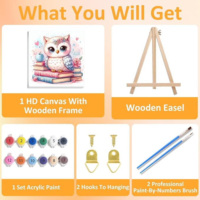 Paint by Numbers Kit for Kids with Frame, Owl Paint by Numbers for Kids Ages 4-8-12, DIY Owl Acrylic Oil Painting for Home Wall Art Decor Gift 7.8x7.8 inch (with Frame Easel)