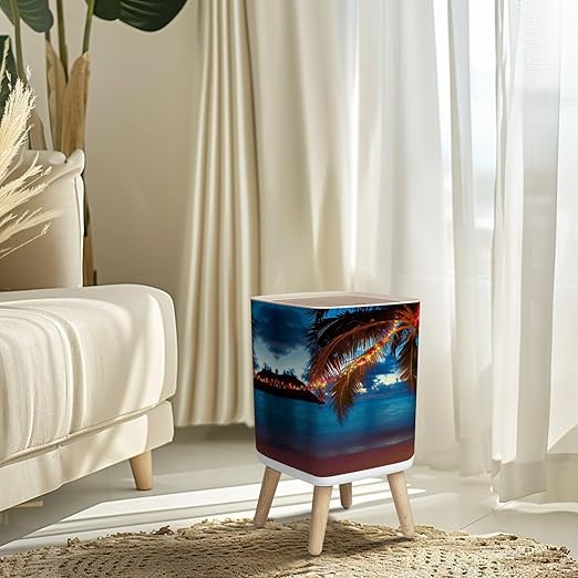 Small Trash Can with Lid Christmas Caribbean Beach Wastebasket with Press Cover Dog Proof Garbage Can Waste Bin for Kitchen Bathroom Nursery 2.6 Gallon