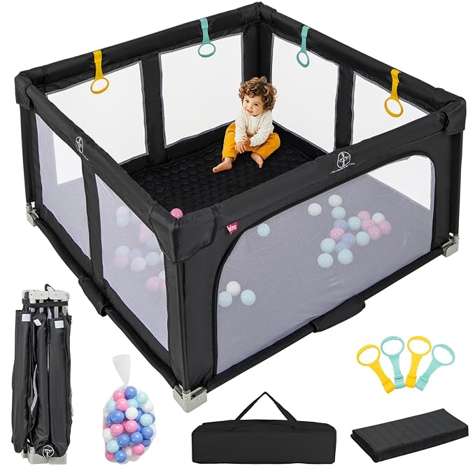 INFANS Foldable Baby Playpen with Mat, 50” x 50” Large Baby Play Yard for Infant with 50 Ocean Balls, 4 Handlers, Carry Bag, Indoor Outdoor Fence Toddler Activity Center (Black, 50” x 50”)