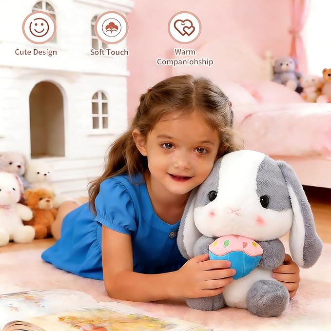 HOUPU Soft Toy - Sitting Lop Eared Rabbit, Easter White Rabbit Stuffed Bunny Animal with Carrot Soft Lovely Realistic Long-Eared Standing Pink Plush Toys (Ash White-Cake,12.5in/32cm)