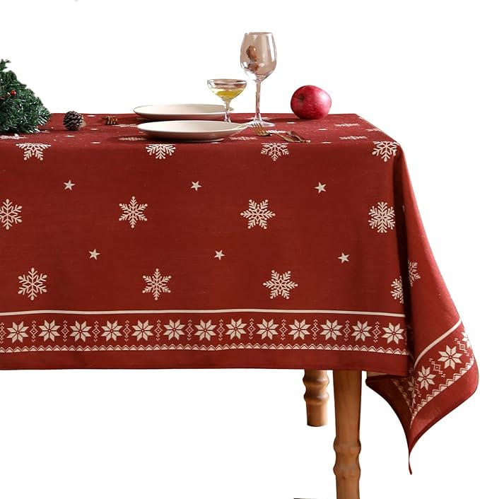 ISAENNE Designer Christmas Red Extra Long Rectangle Tablecloth,Linen Table Cloth with Snowflakes Pattern,Wrinkle Resistant Decor Tablecloths for Dining Kitchen Thanksgiving,67"*118"-Carol C