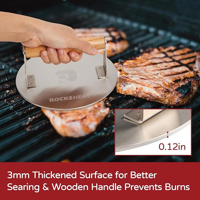 Smash Burger Press, 7 Inch 3mm Thickened Food Grade Stainless Steel Heavy Duty Round Grill Griddle Press with Wood Handle, Non-Stick for Hamburger Bacon Steak Panini