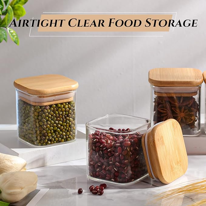 Nuenen Set of 24 Airtight Square Spice Containers 4 oz Glass Spice Jars with Bamboo Lid Small Seasoning Jars Empty Food Storage Containers for Pantry Clear Food Canisters for Kitchen Sugar Coffee