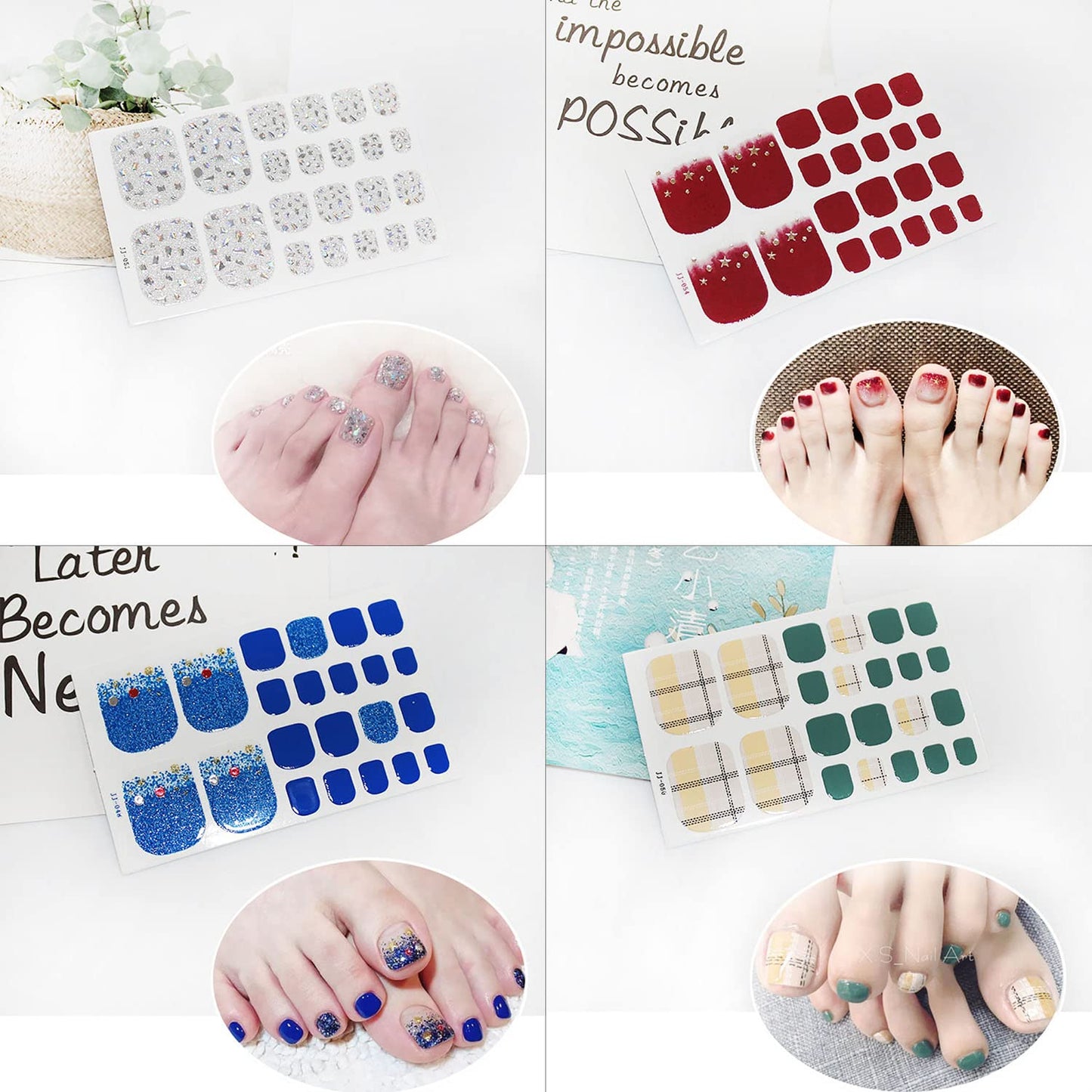 WOKOTO 20 Sheets 440 Pcs Toe Nail Polish Stickers for Toes Nail Full Wraps Glitter Nail Polish Strips Gel Nail Strips Wraps Mermaid Gel Strips for Women
