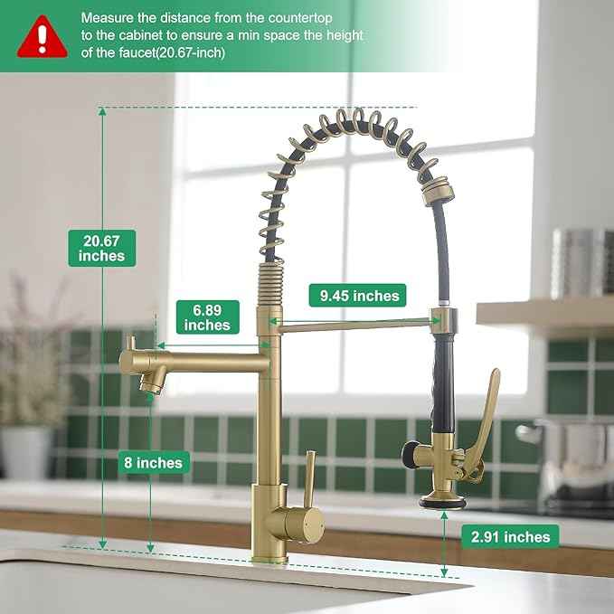 Brushed Gold Kitchen Faucet with Pull Down Sprayer, Commercial Brass Kitchen Faucet Single Handle Spring Faucets for Kitchen Sink Fapully