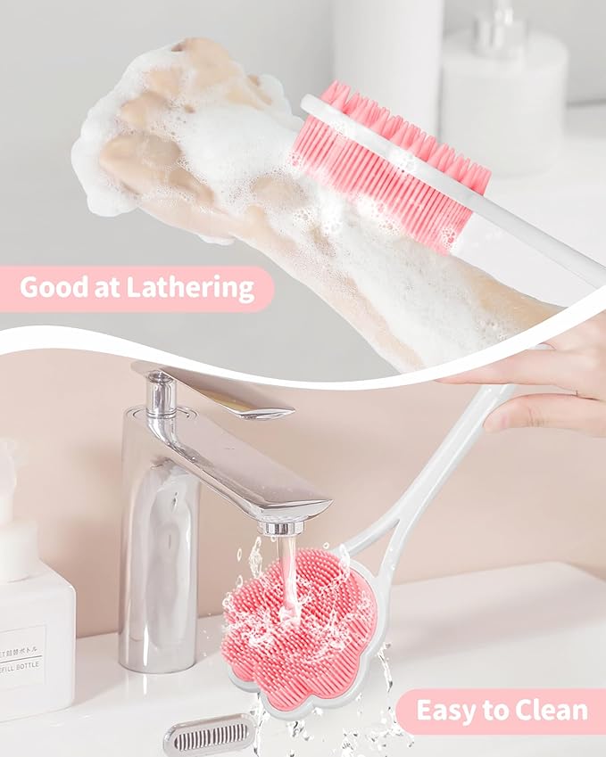 Manmihealth 15.7" Cute Silicone Back Scrubber with Long-Handle, Dual Use Back Brush for Shower with Super-Soft Silicone Bristles, Paw-Shaped Shower Body Scrubber for Sensitive Skin(Pink)