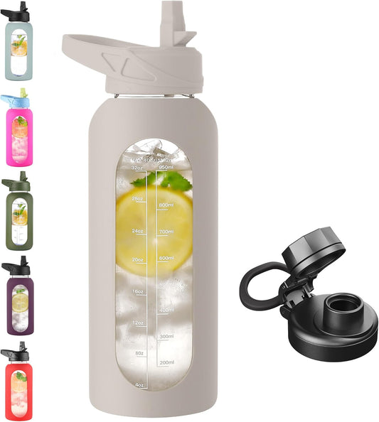 CIVAGO 40 oz Glass Water Bottle with Straw and Handle, Large Sports Motivational Water Bottle Flask with Time Marker and 2 Lids, Leakproof Water Jug Canteen with Silicone Sleeve for Gym,Apricot