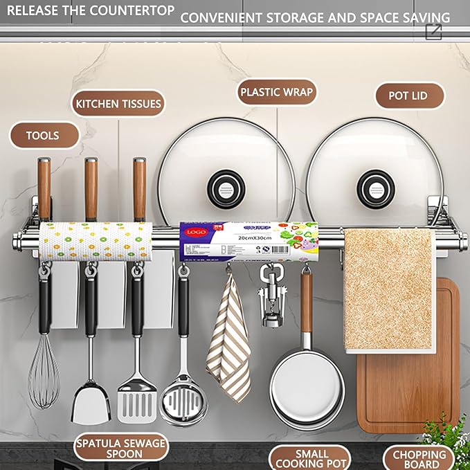 Hanging Wall Mount knife Wall Mount, Kitchen Organizer Storage Shelf for Utensils Spatula Spoon, Space-Saving Knife Rack with Hooks,Wall-Mounted Utensil Holder (Grey, 60CM+Three Poles+10Hooks)