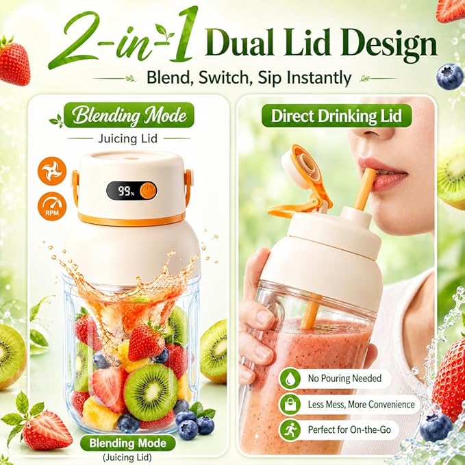 Portable Electric Juicer Cup with Zero Cord Hassle, 1200ml Multifunctional Wireless 2-In-1 Dual Lid Personal Blender Bottle with Straw 38-Blades USB Rechargeable for Gym Office Outdoor (1200ml)