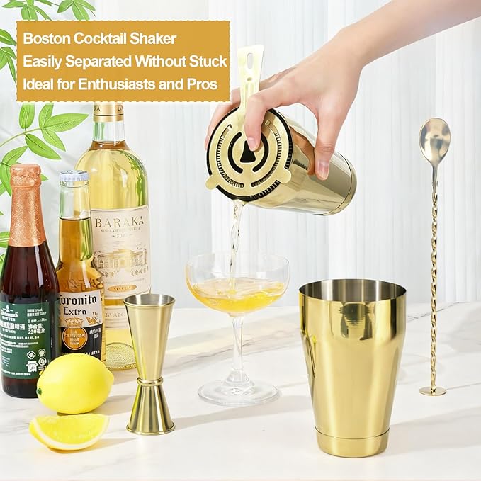 Mwellewm Cocktail Shaker Boston Shaker Set 15 Pcs Professional Bartender Kit Bar Shaker Stainless Steel Drink Shaker Bartending Beginner Martini Shaker Tin Mixed Alcohol Shaker Tool(Gold)