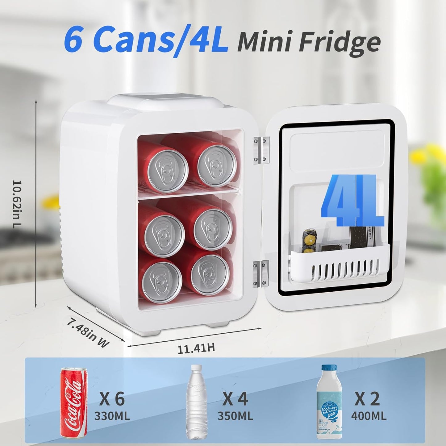 YASHE Mini Fridge, 4 Liter/6 Cans Small Refrigerator for Skincare, 110V AC/ 12V DC Thermoelectric Cooler and Warmer for Drink Office Dorm Bedroom Car, White