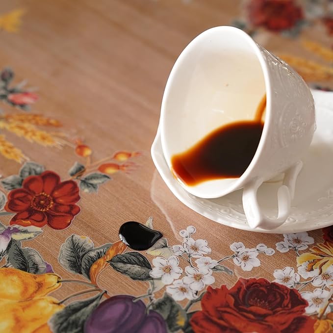 Clear Table Cover Protector Vinyl PVC Rectangle Table Cloth Oil Spill Proof Plastic Tablecloths for Dining Tables Parties Holidays (Floral Fruit, 60 x 84 Inches)