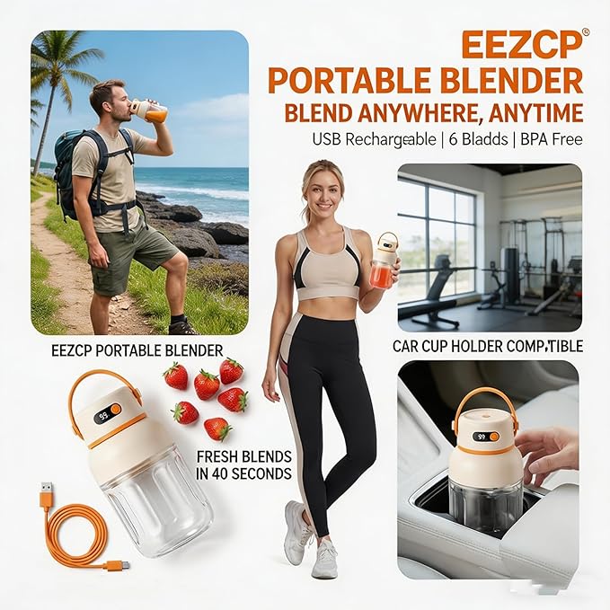 Portable Electric Juicer Cup with Zero Cord Hassle, USB-C Rechargeable, 36 Stainless Steel Blades, 18000 RPM Motor, Leakproof for Shakes,Smoothies,Travel,Gym,Office Outdoor (800ML)