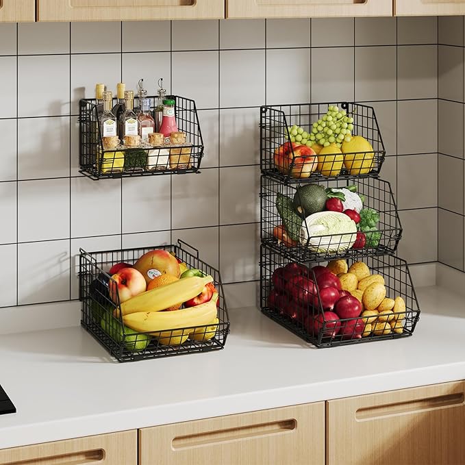 X-cosrack Stackable Wire Baskets for Counter, Fruit and Vegetable Storage, Potato and Onion Storage Bin，Kitchen Pantry Organizer - Wall Basket for Produce/Snack/Can, Large, Black