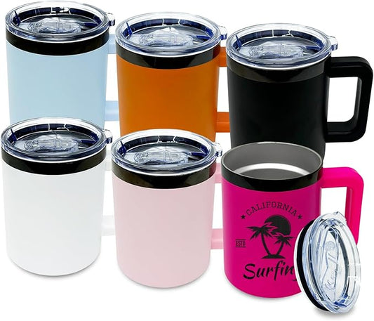 10 oz Tumbler with Handle and Straw Stainless Steel Insulated Coffee Mug for Laser Graving Powder Coated Cup with Black Plated(Mix,6 pack A)