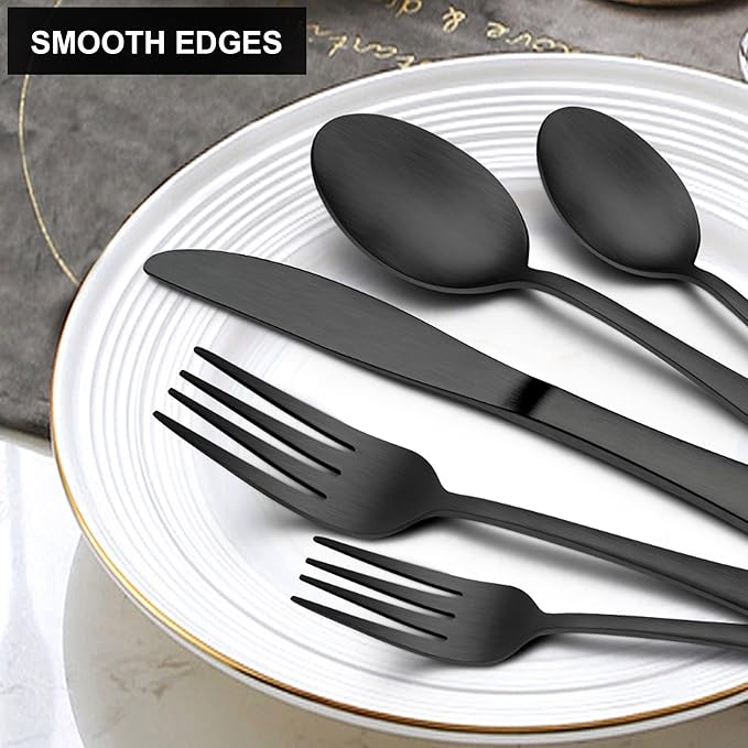 LIANYU 40 Piece Matte Black Silverware Set, Stainless Steel Black Flatware Cutlery Set for 8, Fancy Kitchen Utensil Tableware for Home Restaurant Party, Satin Finish, Dishwasher Safe