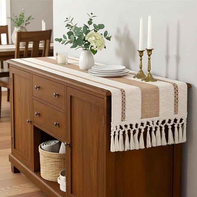 FEXIA Boho Table Runner with Tassels 12x90 Inches for Home Decor Farmhouse Rustic Macrame Burlap Table Decoration for Pottery Barn Furniture, Living Room and Dining Room