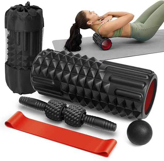 5 in 1 Foam Roller Set - Back Roller Foam, Muscle Roller Stick, Massage Ball, Resistance Band for Physical Therapy & Deep Tissue Muscle Massage (Black)