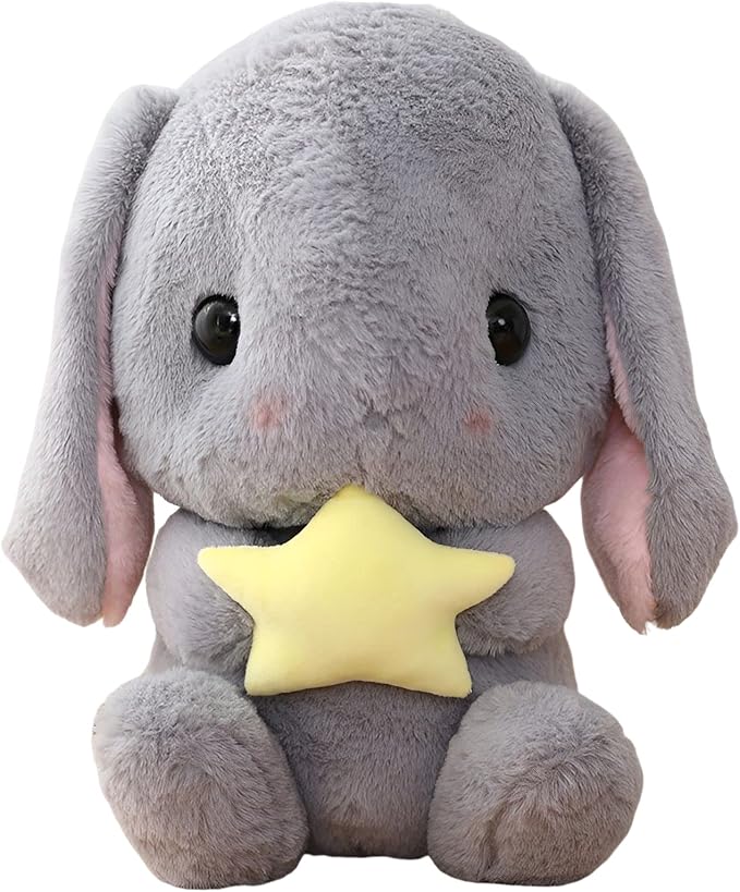 HOUPU Soft Toy - Sitting Lop Eared Rabbit, Easter White Rabbit Stuffed Bunny Animal with Carrot Soft Lovely Realistic Long-Eared Standing Pink Plush Toys (Gray-Star,12.5in/32cm)