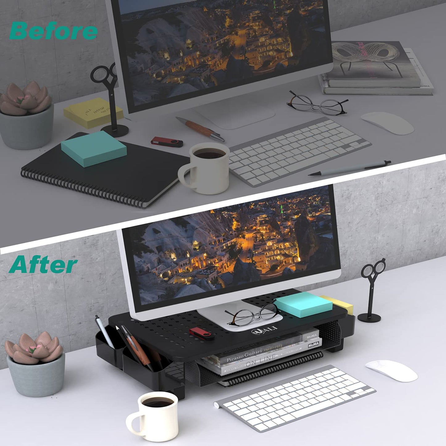 WALI Monitor Stand with Storage, Monitor Riser with Ventilation Drawer and Side Storage, Laptop Stand Riser for Desk, Printer Stands, (STT007), Black