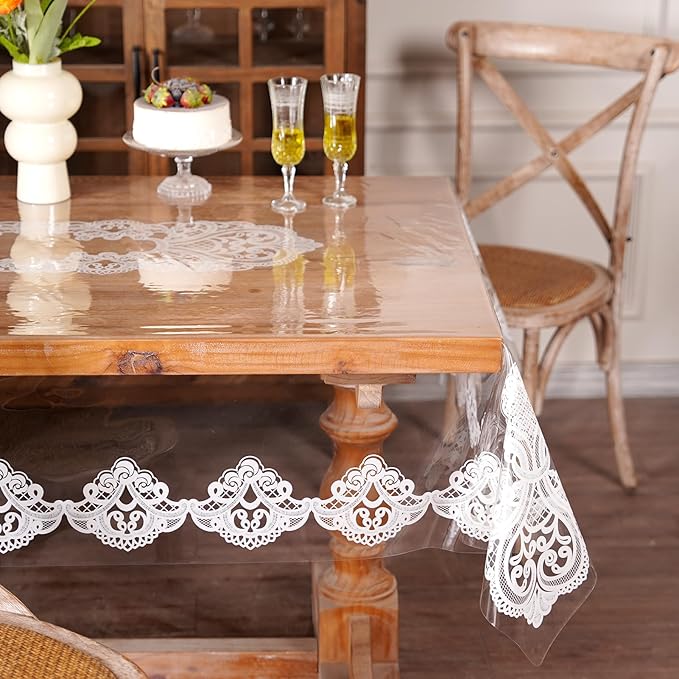 Clear Table Cover Protector Vinyl Table Cloth Rectangle Oil Spill Proof Vintage Rustic Plastic Table Covers for Dining Tables (White Lace, 60 x 120 Inches)
