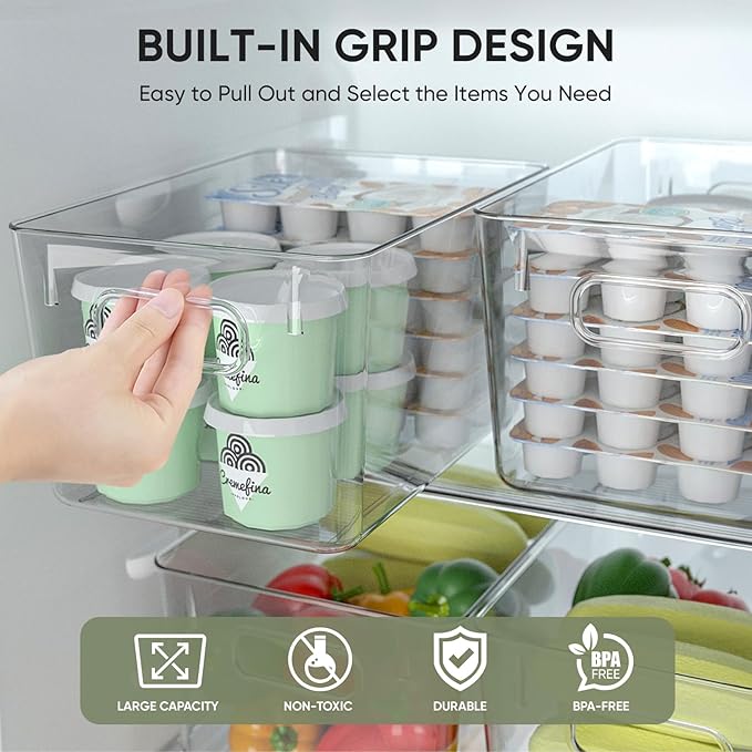 BALEINE Clear Plastic Storage Bins, Pantry Organization, BPA Free Stackable Refrigerator Organizers and Storage with Handles for Kitchen Fridge Cabinet Bathroom (6PK, 13x7.4x6.2)