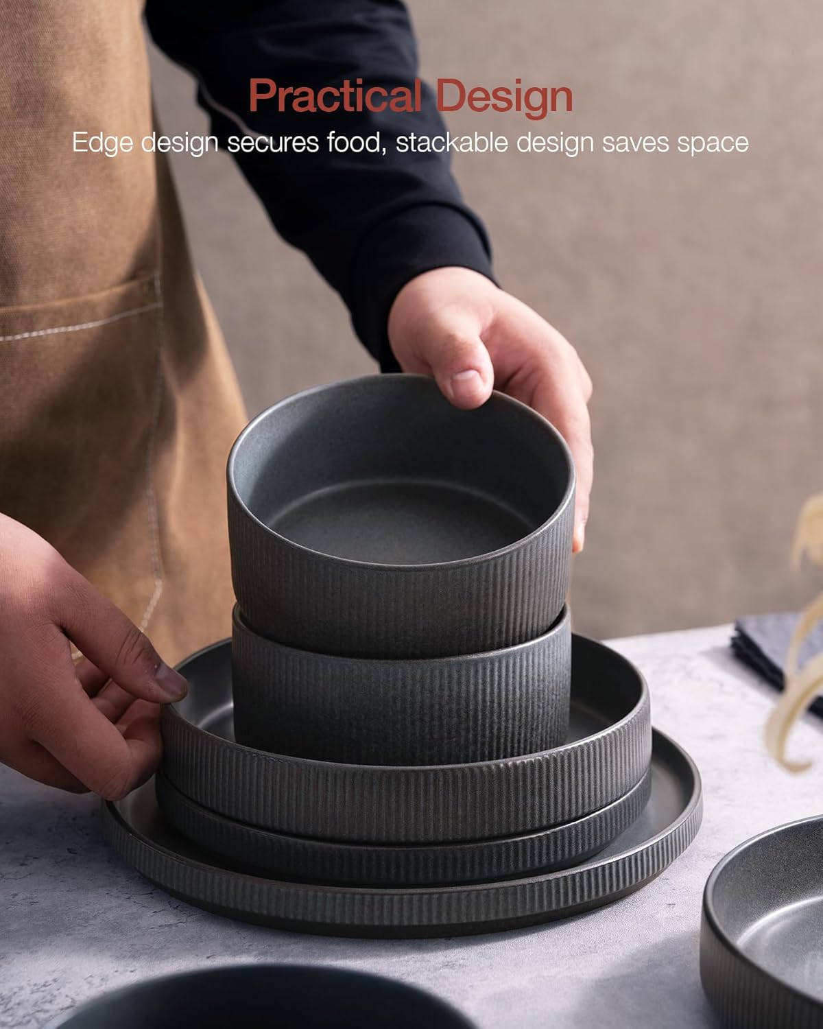 Famiware Star Dinnerware Set with Pasta Bowls, Service for 4 (16pcs), Ribbed Stoneware Plates and Bowls Dishes Sets - Chip & Scratch Resistant, Microwave & Dishwasher Safe, Matte Dark Charcoal