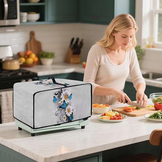Toaster Oven Cover Dust-Proof Countertop Convection Oven Cover Protective Smart Microwave Oven Accessories and Decor, S, 14.5 x 18.5 x 9 Inches, Daisy Butterfly Gray