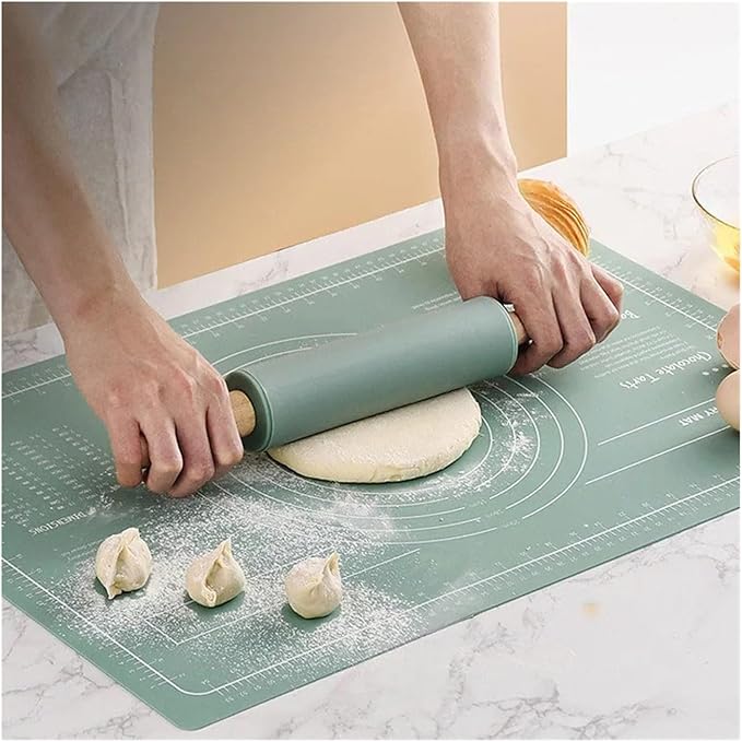 Silicone Measuring Kneading Pad Set Household Rolling Pin Dough Large Thick Non-slip Non-stick Bottom Baking Tool(Three piece set gree)