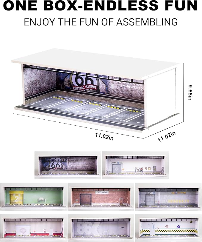 1/64 Scale Display Case Car Garage Moldel, Acrylic Cover Diecast Car Show Case with LED Light 6 Parking Spaces, Hot diecast Wheel Parking Scene (Vehicles Not Included) Red Line