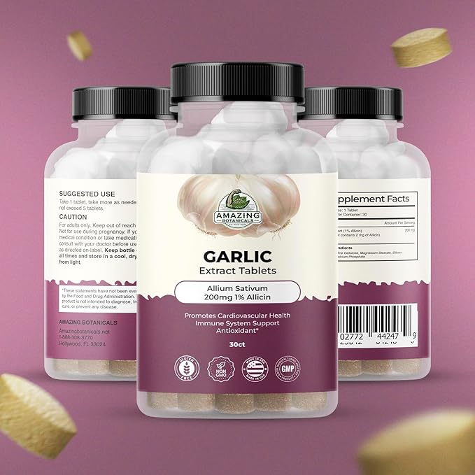Garlic Extract Tablets - Allium Sativum 200mg, 1% Allicin - High Potency Herbal Supplement for Wellness and Vitality - 30 Count