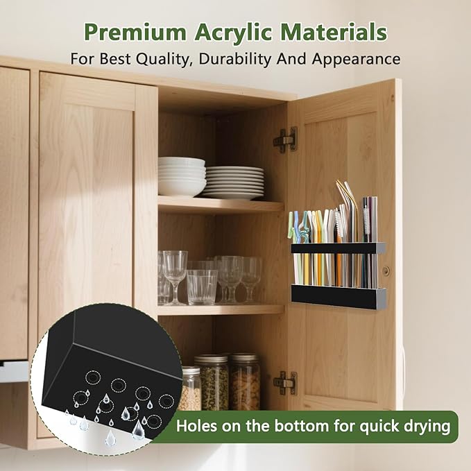 Acrylic Straw Holder for Cabinet Door - Reusable Tumbler Straw Organizer Storage, Small Kitchen Accessories Container, Ultra Sticky Cupboard Door Mounted (Black, Large 9.5" (Most Cabinets))