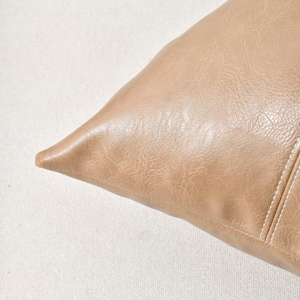 Fancy Homi Tan Decorative Throw Pillow Covers 16x16 Inch for Living Room Couch Bed, Modern Farmhouse Boho Home Decor, Faux Leather Hand Stitched Beige Accent Square Cushion Case 40x40 cm