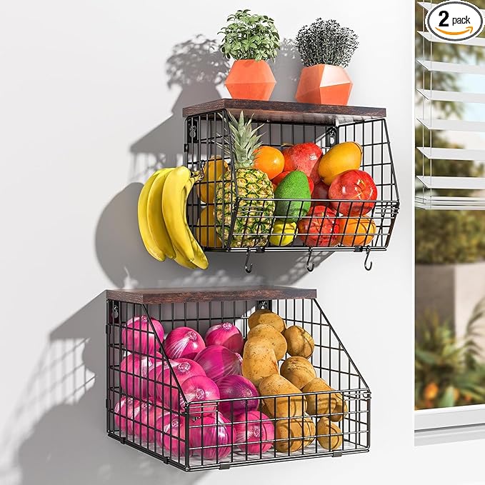 Fruit and Vegetable storage, 2 Set Wall Mounted Wire Baskets, Fruit Basket for Kitchen Counter, Hanging Fruit Basket, Potato Onion Basket, Wire Basket for Organizing, Countertop Organization Pantry