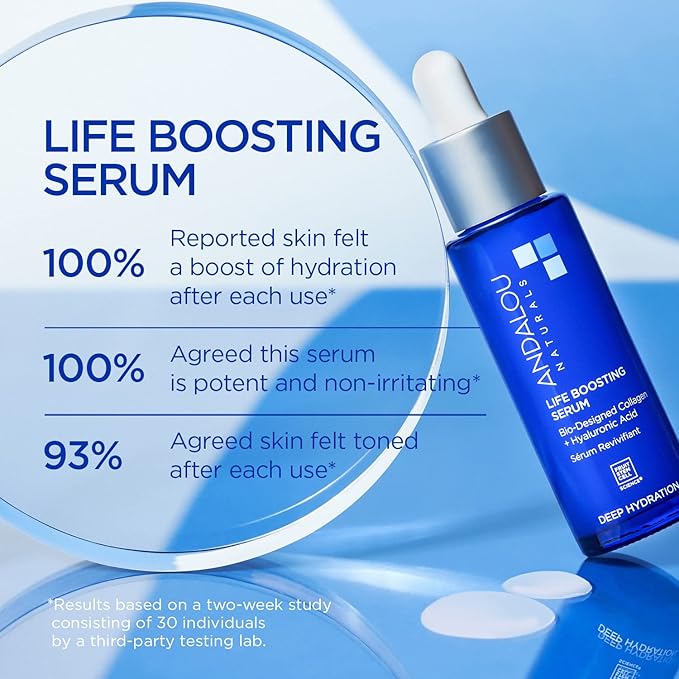 Andalou Naturals Collagen + Hyaluronic Acid Serum for Face, Deep Hydration Life Boosting Face Serum, Helps Improve Skin Elasticity, Day & Night Hydrating Serum, 1 Fl. Oz.