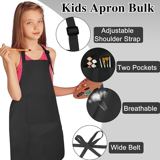 24 Pack Kids Apron Bulk with 2 Pockets Adjustable Chef Art Apron Kids Painting Aprons for Cooking Baking Painting Crafting Grilling Activity（Black）