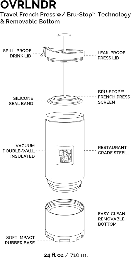 BruTrek® by Planetary Design OVRLNDR Travel Coffee French Press, 24 fl.oz Capacity, Double Wall Vacuum Insulated, Easy To Clean Removable Bottom, No Spill Lid, On The Go Coffee Brewing (Obsidian)