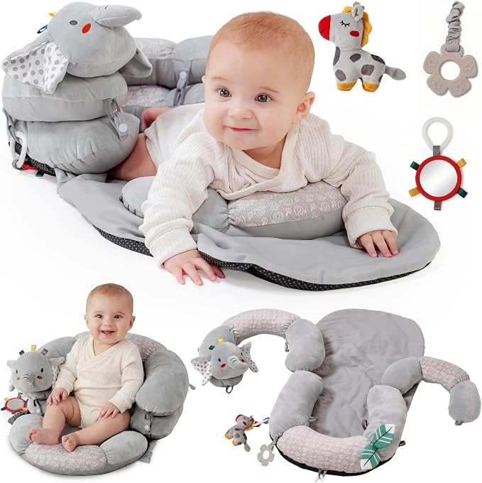 2-in-1 Tummy Time Mat & Baby Lounger Pillow - Seat Support for Baby Play Mat for Babies 0-6 Months, Infant Lounger Activity Center with Newborn Toys, Floor Pillows Sit Me Up (Elephant)