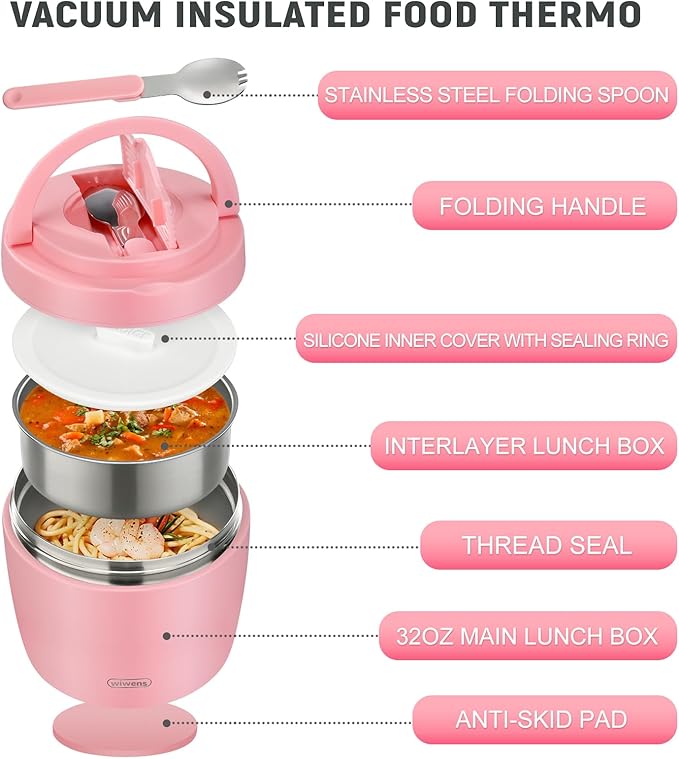wiwens Thermo Food Jar for Hot Food Adults 32OZ Soup Thermo Lunch Containers Wide Mouth Vacuum Insulated Stainless Steel Leakproof Bento Box with Spoon (Pink2)