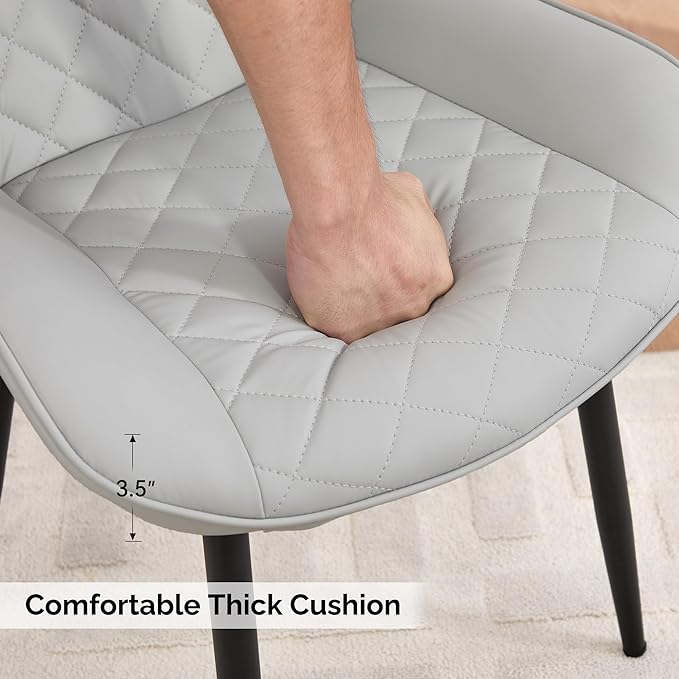 Dining Chair Set of 2, Modern Dining Chairs with Thick Cushions, Faux Leather Upholstered Kitchen Dining Room Chairs with Metal Adjustable Legs for Dining Living Room, Light Grey
