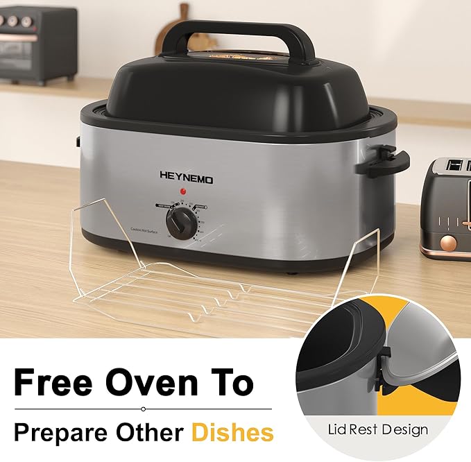 28 Quart Electric Roaster Oven with Visible & Self-Basting Lid, Large Turkey Roaster with Defrost Warm Function, Adjustable Temperature, Removable Pan Rack, Stainless Steel, Silver