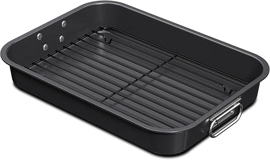 CHEFMADE Roasting Pan with Rack, 15 Inch Deep Roasting Pan, Deep Lasagna Pan for BBQ Vegetbale and Meat 15.4" x 11.2" x 2.3" (Black)